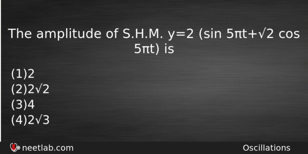 The Amplitude Of Shm Y2 Sin 5t2 Cos 5t Is Physics Question 