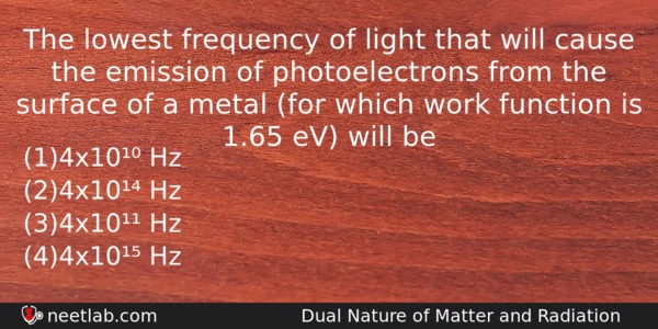 The Lowest Frequency Of Light That Will Cause The Emission Physics Question 