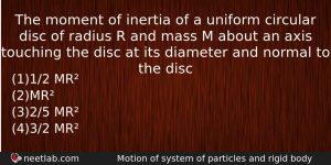 The Moment Of Inertia Of A Uniform Circular Disc Of Physics Question
