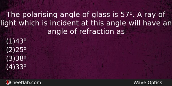 The Polarising Angle Of Glass Is 57 A Ray Of Physics Question 