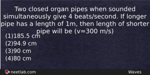 Two Closed Organ Pipes When Sounded Simultaneously Give 4 Beatssecond Physics Question