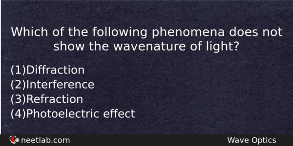 Which Of The Following Phenomena Does Not Show The Wavenature Physics Question 