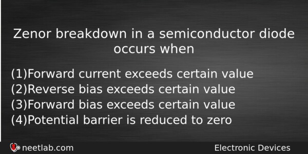 Zenor Breakdown In A Semiconductor Diode Occurs When Physics Question 