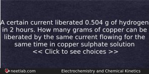A Certain Current Liberated 0504 G Of Hydrogen In 2 Chemistry Question