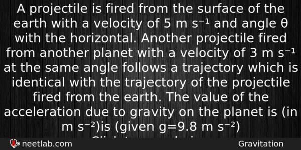 A Projectile Is Fired From The Surface Of The Earth Physics Question 