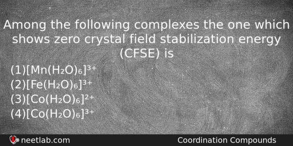 Among The Following Complexes The One Which Shows Zero Crystal Chemistry Question 
