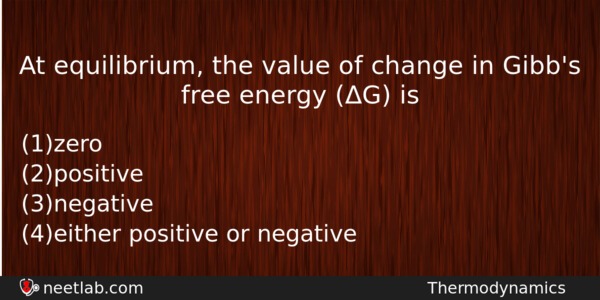 At Equilibrium The Value Of Change In Gibbs Free Energy Chemistry Question 