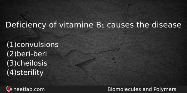 Deficiency Of Vitamine B Causes The Disease Chemistry Question 