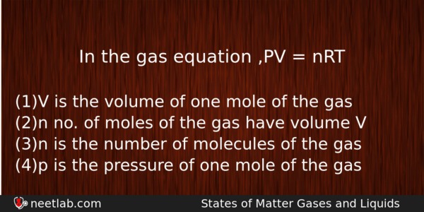 In The Gas Equation Pv Nrt Chemistry Question 