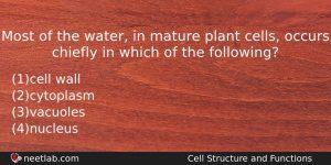 Most Of The Water In Mature Plant Cells Occurs Chiefly Biology Question