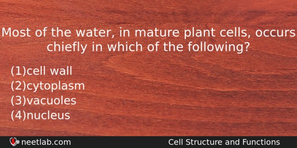 Most Of The Water In Mature Plant Cells Occurs Chiefly Biology Question 