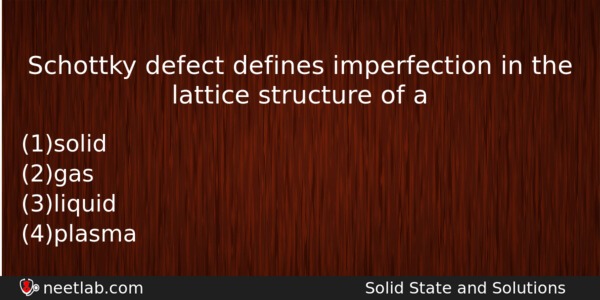 Schottky Defect Defines Imperfection In The Lattice Structure Of A Chemistry Question 