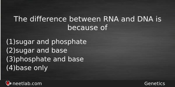 The Difference Between Rna And Dna Is Because Of Biology Question 