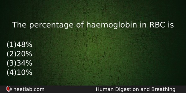 The Percentage Of Haemoglobin In Rbc Is Biology Question 