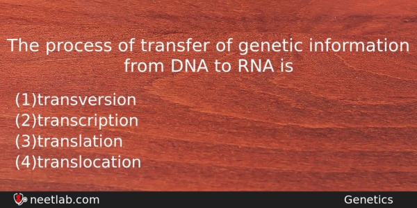 The Process Of Transfer Of Genetic Information From Dna To Biology Question 