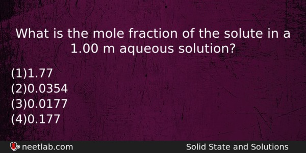 What Is The Mole Fraction Of The Solute In A Chemistry Question 