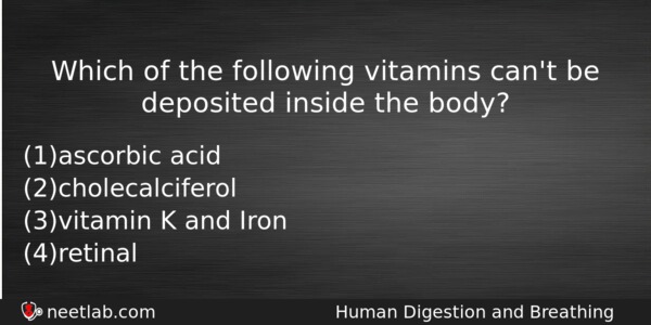 Which Of The Following Vitamins Cant Be Deposited Inside The Biology Question 
