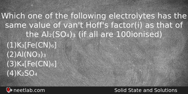 Which One Of The Following Electrolytes Has The Same Value Chemistry Question 