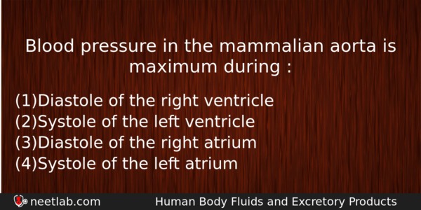 Blood Pressure In The Mammalian Aorta Is Maximum During Biology Question 