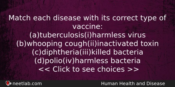 Match Each Disease With Its Correct Type Of Vaccine Atuberculosisiharmless Biology Question 