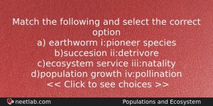 Match The Following And Select The Correct Option A Earthworm Biology Question