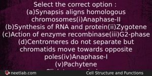 Select The Correct Option Asynapsis Aligns Homologous Chromosomesianaphaseii Bsynthesis Biology Question