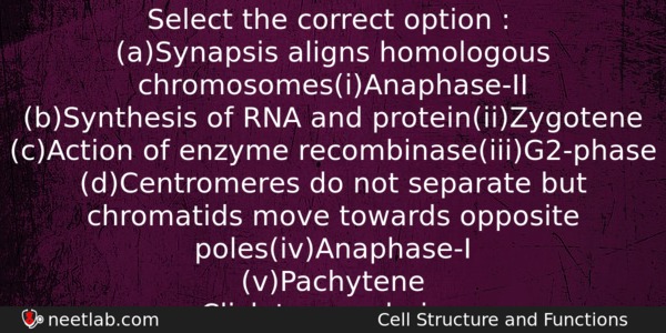 Select The Correct Option Asynapsis Aligns Homologous Chromosomesianaphaseii Bsynthesis Biology Question 