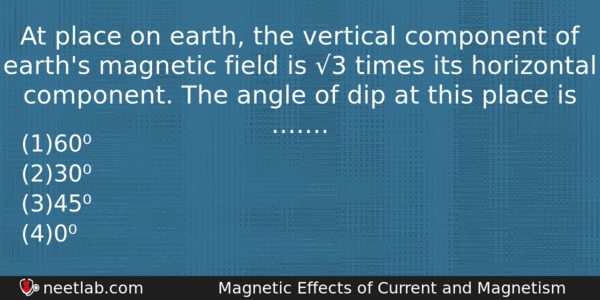At Place On Earth The Vertical Component Of Earths Magnetic Physics Question 