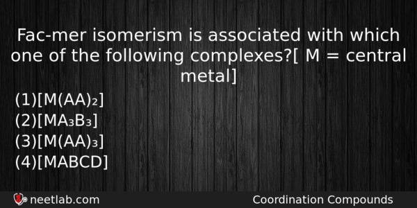 Facmer Isomerism Is Associated With Which One Of The Following Chemistry Question 