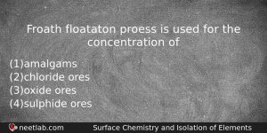 Froath Floataton Proess Is Used For The Concentration Of Chemistry Question