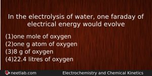 In The Electrolysis Of Water One Faraday Of Electrical Energy Chemistry Question