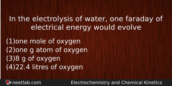 In The Electrolysis Of Water One Faraday Of Electrical Energy Chemistry Question 