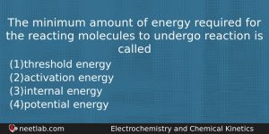 The Minimum Amount Of Energy Required For The Reacting Molecules Chemistry Question