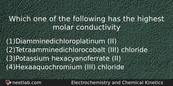 Which One Of The Following Has The Highest Molar Conductivity Chemistry Question 