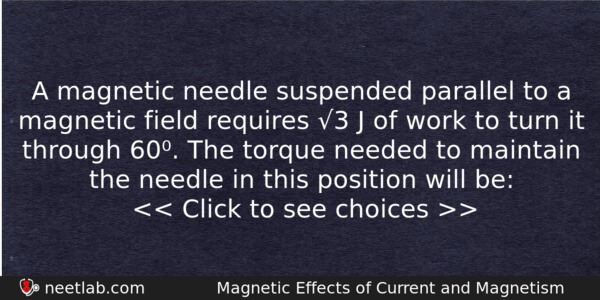 A Magnetic Needle Suspended Parallel To A Magnetic Field Requires Physics Question 
