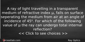 A Ray Of Light Travelling In A Transparent Medium Of Physics Question