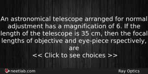 An Astronomical Telescope Arranged For Normal Adjustment Has A Magnification Physics Question