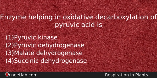 Enzyme Helping In Oxidative Decarboxylation Of Pyruvic Acid Is Biology Question 