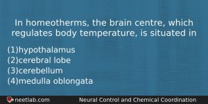 In Homeotherms The Brain Centre Which Regulates Body Temperature Is Biology Question