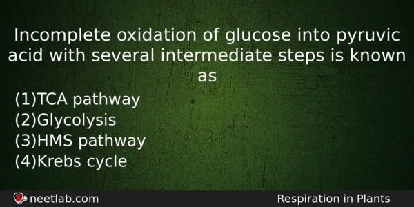 Incomplete Oxidation Of Glucose Into Pyruvic Acid With Several Intermediate Biology Question 
