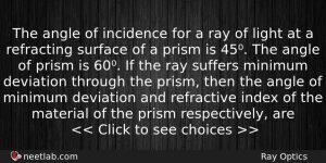The Angle Of Incidence For A Ray Of Light At Physics Question
