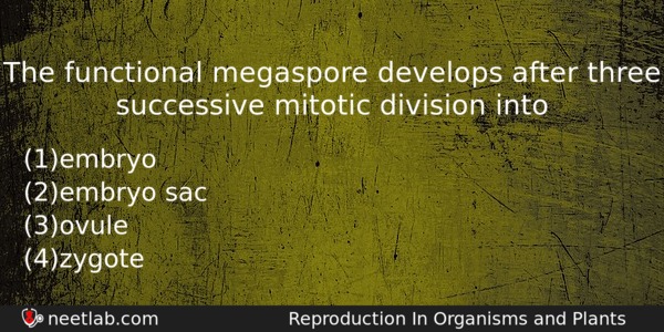 The Functional Megaspore Develops After Three Successive Mitotic Division Into Biology Question 