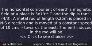 The Horizontal Component Of Earths Magnetic Field At A Place Physics Question