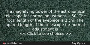 The Magnifying Power Of The Astronomical Telescope For Normal Adjustment Physics Question