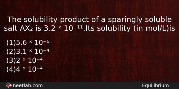 The Solubility Product Of A Sparingly Soluble Salt Ax Is Chemistry Question 