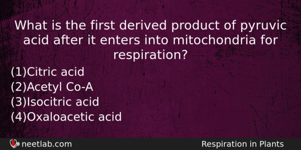 What Is The First Derived Product Of Pyruvic Acid After Biology Question 