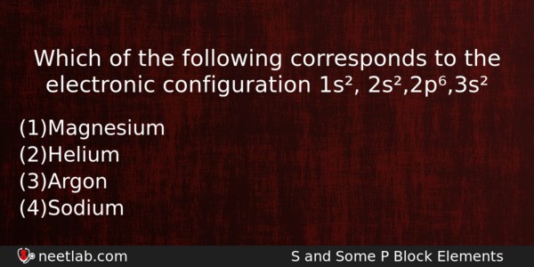 Which Of The Following Corresponds To The Electronic Configuration 1s Chemistry Question 