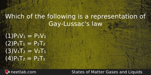 Which Of The Following Is A Representation Of Gaylussacs Law Chemistry Question 