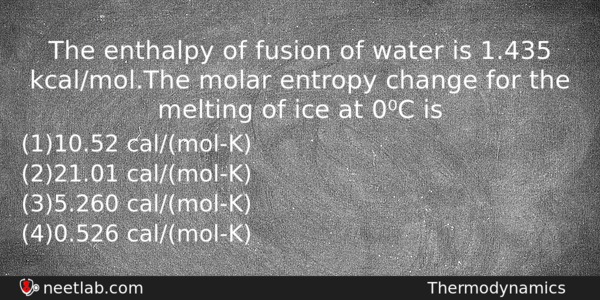 The Enthalpy Of Fusion Of Water Is 1435 Kcalmolthe Molar Chemistry Question 