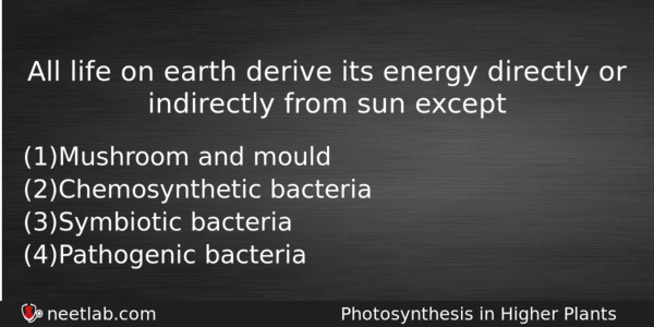 All Life On Earth Derive Its Energy Directly Or Indirectly Biology Question 